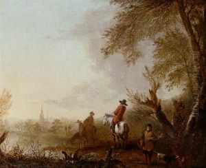 An Evening Landscape With Horsemen And A Boy With His Dogs By The Edge Of A River, A Windmill And A Church Spire In The Distance by Aelbert Cuyp