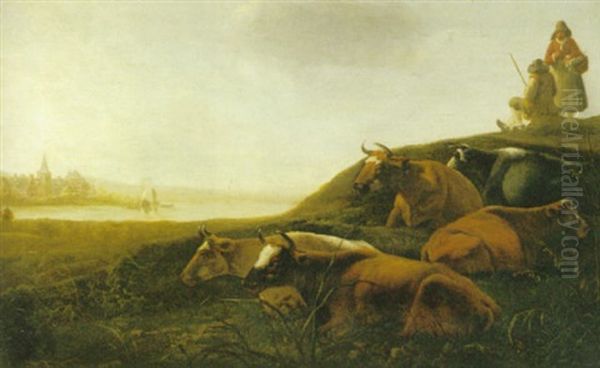 Vilande Kor I Landskap Vid Vatten - view 1