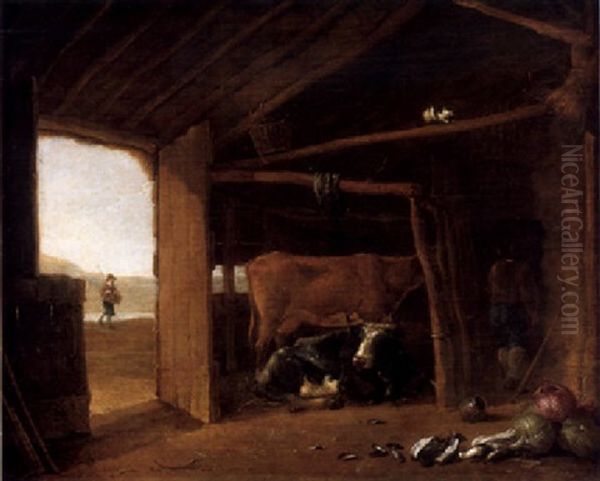 Zwei Kuhe In Einem Stall, Rechts Ein Mann, Der Futter Holt, Links Ein Bauer Mit Korb - view 1