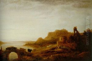 River Landscape With A Drover Herding Cattle Over A Bridge And Shepherds At Rest By Ruined Buildings by Aelbert Cuyp