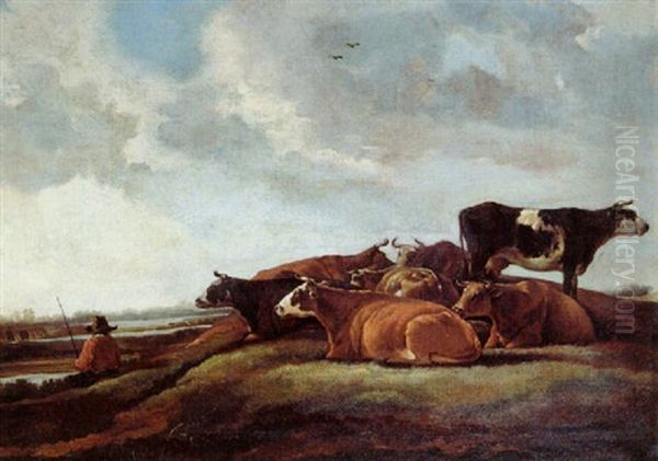 A Cowherd And Cattle Resting In A Meadow By A River - view 1