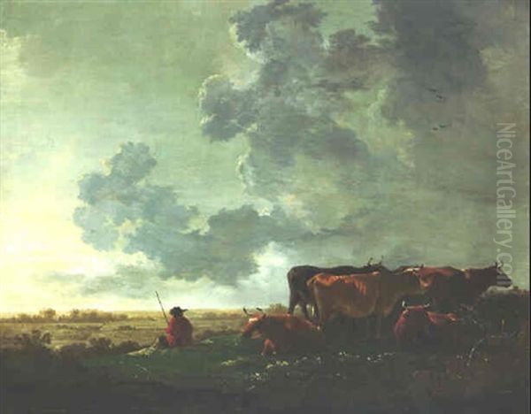 A Herdsman Seated On The Far Bank Of A Hillock With Six Cows In An Extensive Landscape Beyond - view 1