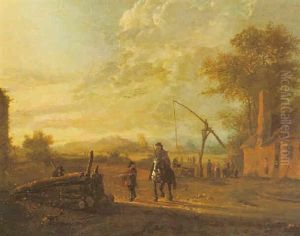 Landscape With A Horseman And Other Figures Beside A Well by Aelbert Cuyp