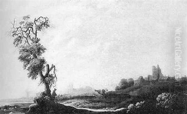 Hugelige Landschaft Mit Kleiner Stadt, Vor Der In Den Wiesen Kuhe Weiden - view 1