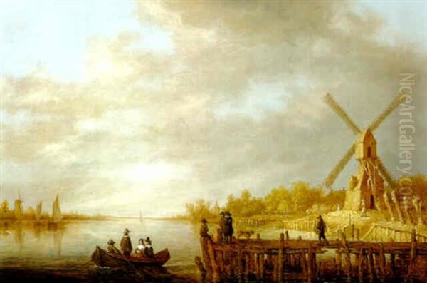 A River Landscape With A Windmill, Gentlefolk In A Rowing Boat - view 1