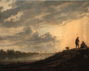 A River Landscape With Shepherds And Sheep On A Track by Aelbert Cuyp