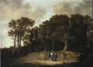 Gentlemen And A Lady On A Track At The Edge Of A Wood With An Artist Gentlemen And A Lady On A Track At The Edge Of A Wood With An Artist