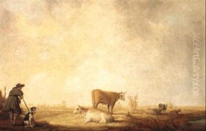 A Cowherd Leaning On His Stick Standing With His Dog By A Fence A Cowherd Leaning On His Stick Standing With His Dog By A Fence