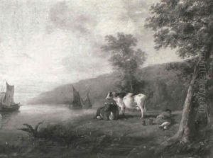 River Landscape With Cows And A Shepherd Resting On A Bank by Aelbert Cuyp