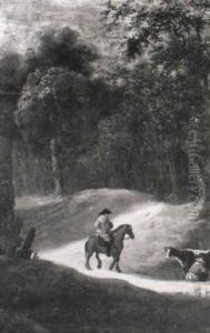 A Horseman And A Maid Milking A Cow On A Wooded Track by Aelbert Cuyp