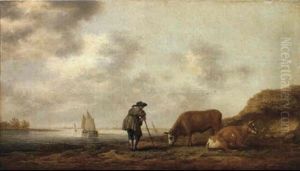 Cowherd Leaning On A Stick Herding A Bull And Cow By A River Bank by Aelbert Cuyp