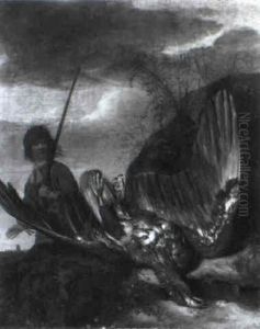 Sportsman With A Dead Eagle Near A Wooded Dune