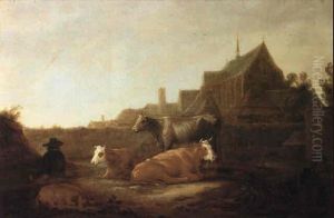 Herdsman And Cows In A Field With The Duitsche Huis And Mariakerk Herdsman And Cows In A Field With The Duitsche Huis And Mariakerk