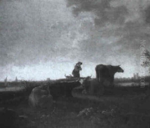 A Drover With Cattle On The Banks Of A River - view 1