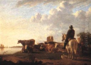 Landscape With Cattle And Figures Beside A River by Aelbert Cuyp