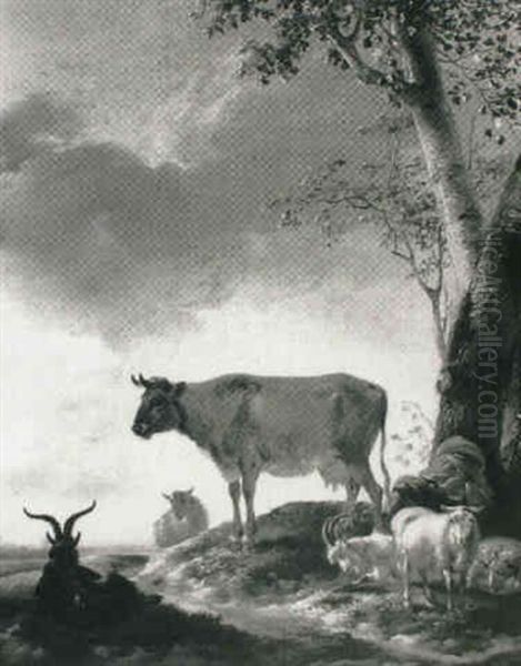 A Drover With A Cow, Sheep And Goats On A Track - view 1