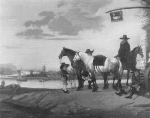 Travellers And Their Horses Resting Before An Inn, An Extensive River Landscape Beyond by Aelbert Cuyp