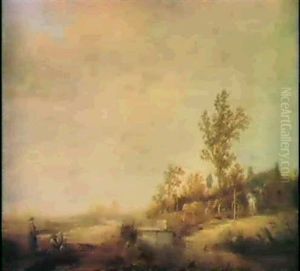 A Landscape With A White Horseand Cart By A Farmhouse, Figures In The Foreground by Aelbert Cuyp