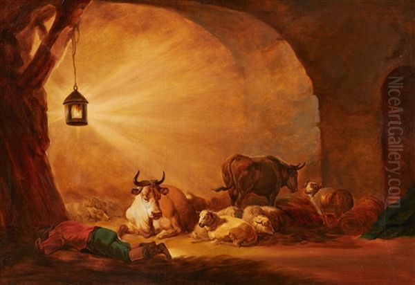 Barn Interior With A Sleeping Shepherd - view 1