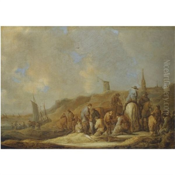 A Coastal Scene With Fishermen And Their Catch In The Sand Dunes - view 1