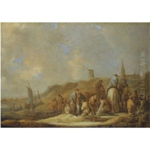 A Coastal Scene With Fishermen And Their Catch In The Sand Dunes by Benjamin Gerritsz Cuyp