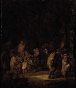 A Barn Interior With Boors Dancing And Making Music
