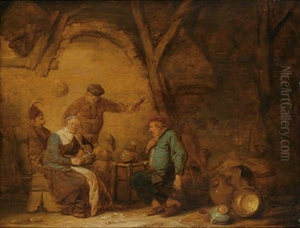 Peasants Smoking And Drinking In An Inn, A Still Life Of Earthenware Pots And A Copper Bowl To The Right - view 1
