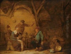 Peasants Smoking And Drinking In An Inn, A Still Life Of Earthenware Pots And A Copper Bowl To The Right by Benjamin Gerritsz Cuyp
