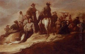 A Dune Landscape With Two Men On Horseback Amongst Fishermen Displaying Their Catch