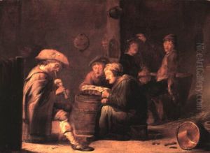 A Tavern Interior With A Bagpiper And Two Singers In The    Foreground, Two Topers Beyond