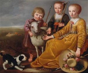 Three Children With A Goat And A Dog In A Landscape by Jacob Gerritsz Cuyp