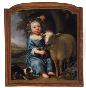 Ein Blumenbekranztes Kind Mit Schaf Und Hundchen In Einer Landschaft