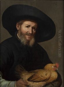 Portrait D'homme Au Chapeau Portant Une Poule Dans Ses Bras