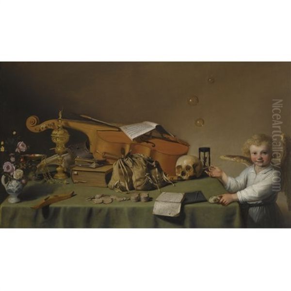 A Vanitas Still Life With An Angel Blowing Bubbles - view 1
