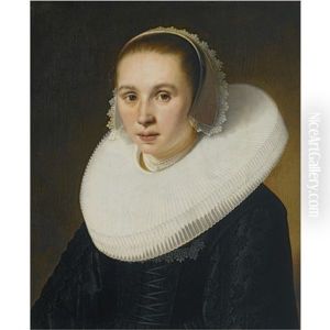 Portrait Of A Lady, Wearing A Black Dress With A Molensteenkraag And A White Lace Bonnet by Jacob Gerritsz Cuyp