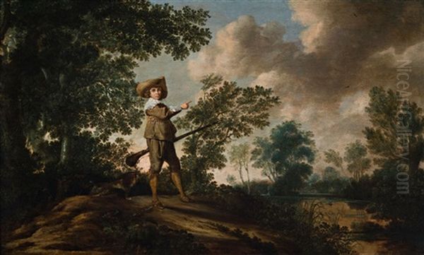 Young Huntsman In A Wooded Landscape With Lake - view 1