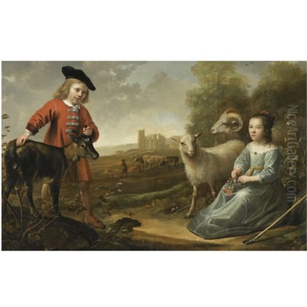 Portrait Of A Young Boy And A Young Girl With A Goat And Two Sheep In An Italianate Landscape, A Herdsman With His Cattle By Ruins Beyond - view 1