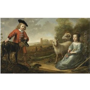 Portrait Of A Young Boy And A Young Girl With A Goat And Two Sheep In An Italianate Landscape, A Herdsman With His Cattle By Ruins Beyond by Jacob Gerritsz Cuyp