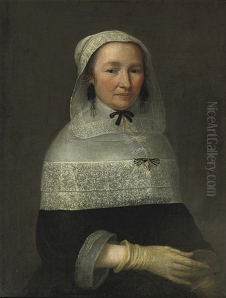 Portrait Of A Lady In A Black Dress With Lace Collar, Cuffs And Headdress, Wearing Ochre Gloves - view 1