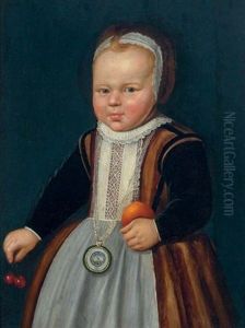 Portrait Of A Child Wearing A Pocket Watch On A Chain, Holding An Orange And Cherries