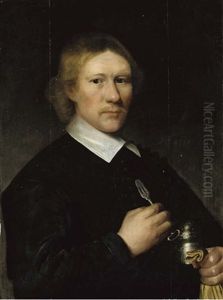 Portrait Of A Dentist In A Black Coat With A White Collar, A Silver Tongue-spatula In His Right Hand And A Silver Box Under His Left Arm