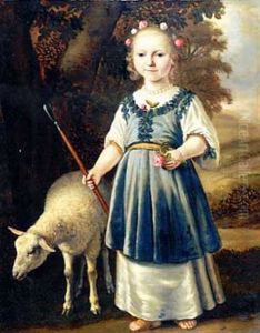 Portrait Of A Young Girl Dressed As A Shepherdess, In A White Dress With A Light Blue Pinafore Set With Leaf Motifs, A Pearl Necklace, Her Hair Set With Roses, In A Landscape With A Sheep by Jacob Gerritsz Cuyp