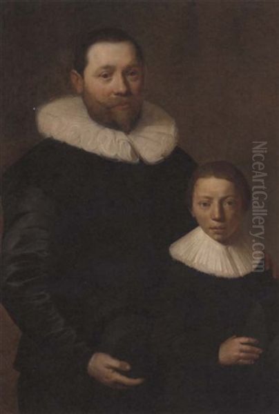 Double Portrait Of A Father And A Son, The Gentleman Holding A Black Hat In His Right Hand, His Son, Aged 11, Also Holding A Black Hat In His Right Hand - view 1