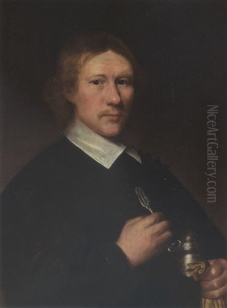 A Portrait Of A Dentist, Aged 35, Wearing A Black Coat With White Collar, Holding A Silver Tongue-spatula In His Right Hand And A Silver Box Under His Left Arm - view 1