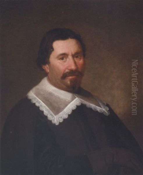 Portrait Of A Gentleman, Aged 47, In Black Costume With A Flat Collar Of White Lace, A Black Coat And Leather Gloves - view 1
