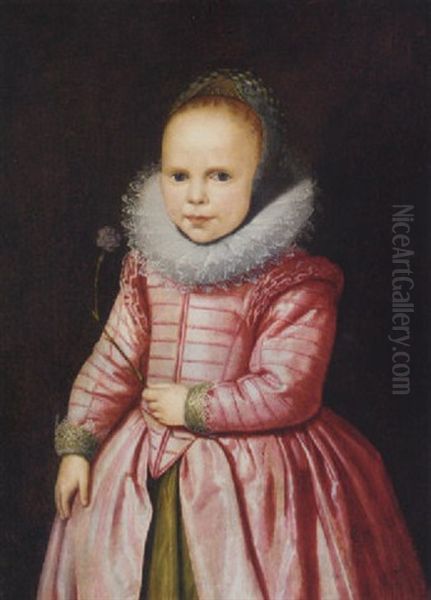 Portrait Of A Girl In A Red Dress, A Pink Flower In Her Right Hand - view 1