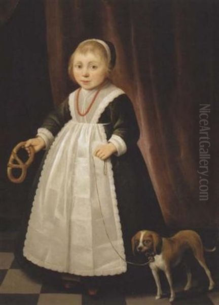 Portrait Of A Young Girl Wearing A Coral Necklace And Holding A Pretzel, A Spaniel Puppy Beside Her - view 1