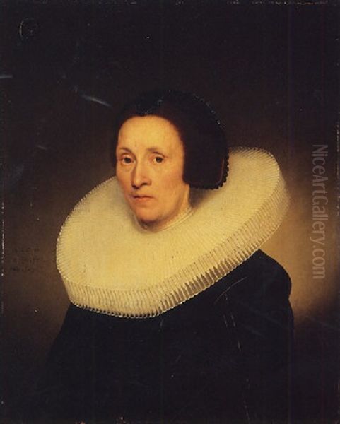 Portrait Of Johanna Van Diemen, Aged 61, In A Cartwheel Ruff With A Coat Of Arms - view 1