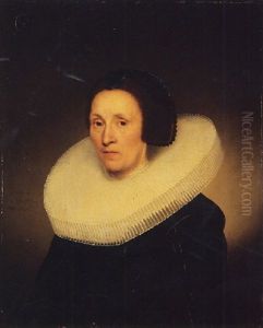 Portrait Of Johanna Van Diemen, Aged 61, In A Cartwheel Ruff With A Coat Of Arms by Jacob Gerritsz Cuyp