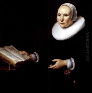 Portrait Of A Lady Wearing A Black Dress With A White Ruff, Cuffs And Cap, Seated In A Chair, Holding A Book by Jacob Gerritsz Cuyp